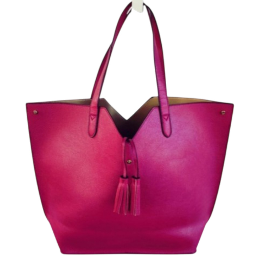 Neiman Marcus Fuchsia Faux Leather Tote Bag Magenta Tassel Shoulder Handbag